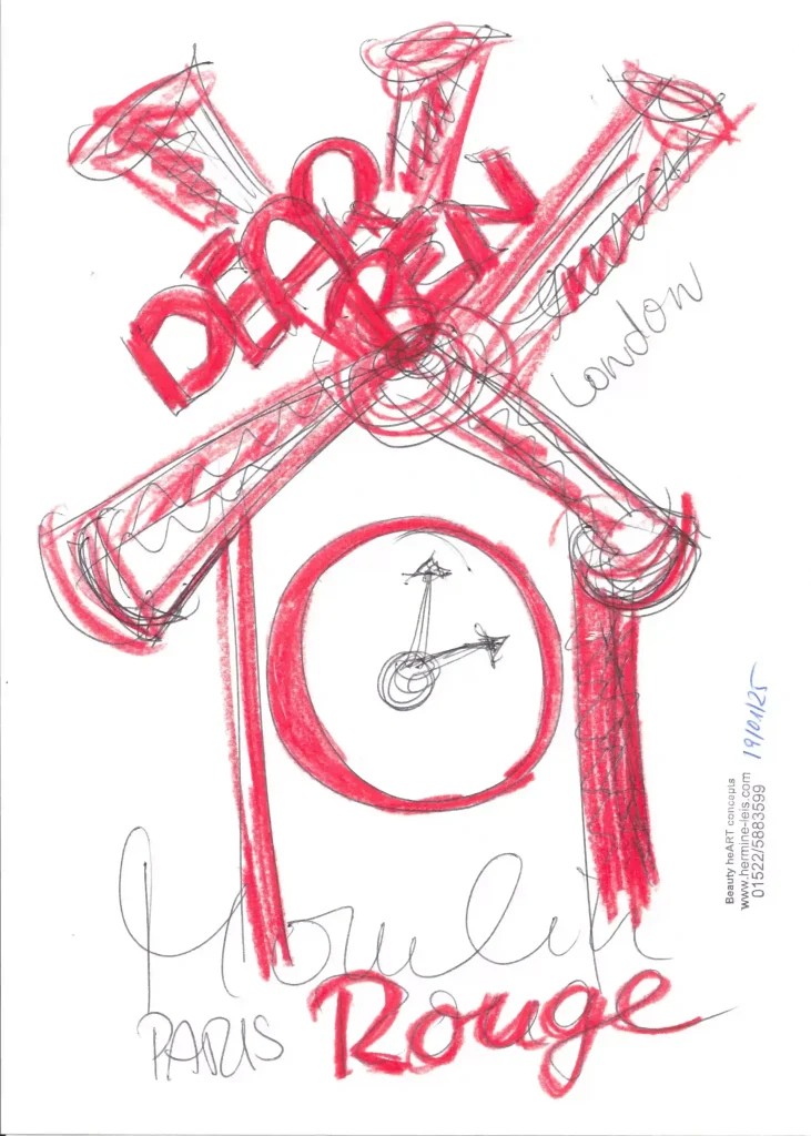 Kunstwerk mit Uhr und Schrift